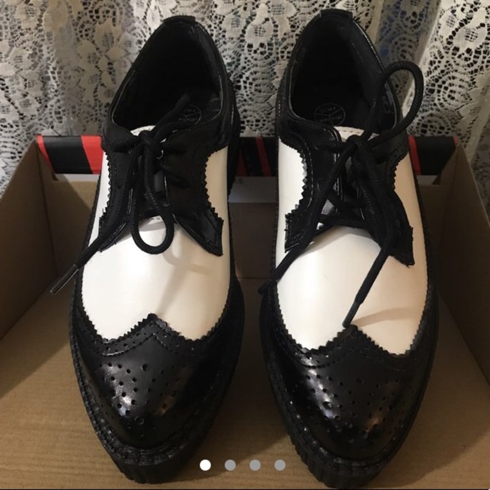 TUK Shoes Black & White Pointed Wingtip Platforms
